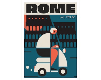 Travel poster, Italy, Rome, Colosseum, Vespa moped, Travel print