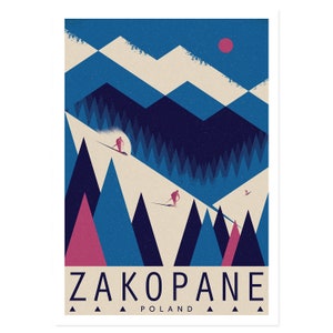 Reisposter, Polen, Zakopane, Poolse bergen, Tatragebergte, Tatra, Travel print, Polen, Polska, Skiërs, Skiën, Skiën, Poolse poster