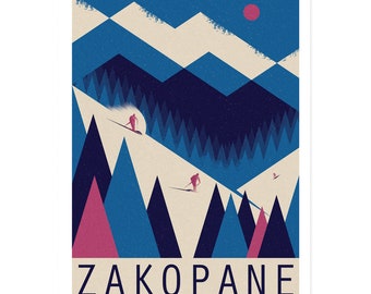 Reiseplakat, Polen, Zakopane, polnische Berge, Tatra, Tatra, Reisedruck, Polen, Polska, Skifahrer, Skifahren, polnisches Plakat