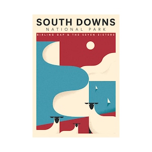 Travel poster, South Downs, England, Seven Sisters, White Cliffs, Travel print, National park, Birling Gap, Shore, Sheep, Nautical landscape