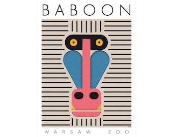 Baboon, Affe, Tiere Poster, Warschauer Zoo, Minimalistisches Poster, Retro Poster, Kunst Kunstdruck, Tiere Portrait