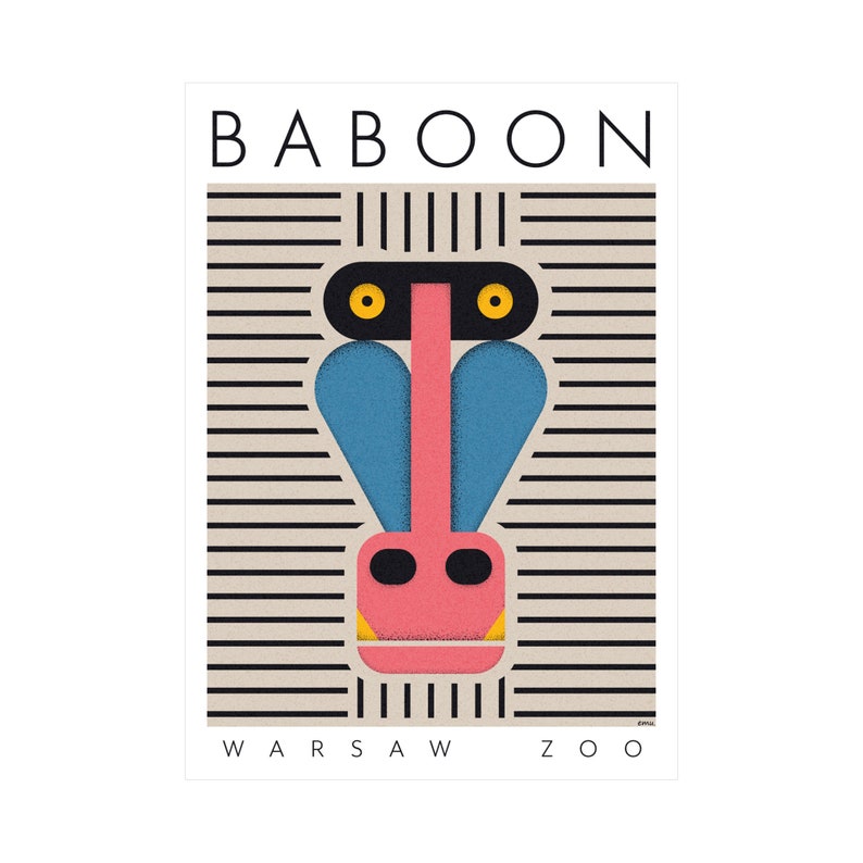 Baboon Retro poster Minimalist poster Monkey Warsaw zoo Animals poster Animals portrait Art art print