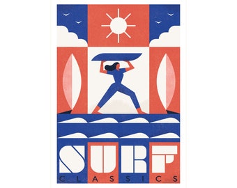 Surf poster, Surf classics, Housewarming gift, Art print, Surfing, Surfer, Surf, Waves, Ocean, Retro poster, Sun, gig poster, Illustration