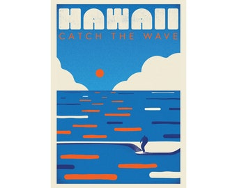 Travel poster, Hawaii, USA, Housewarming gift, Art print, Surfing, Surfer, Surf, Waves, Ocean, Impressionist poster, Sunset, United States