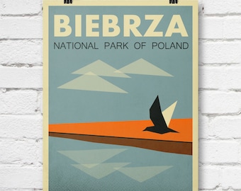 Retro travel poster, Poland, Biebrza, national park, tourist poster, retro wall art, housewarming decor, art print, birdwatching, 55x75 cm