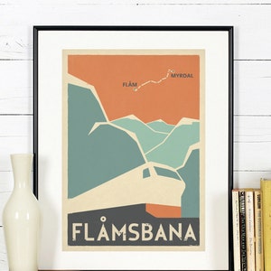 Retro travel poster, Norway, Flamsbana, Flam line, Myrdal, train, railroad, Scandinavia, Scandinavian landscape, Nordic mountains, art print image 1