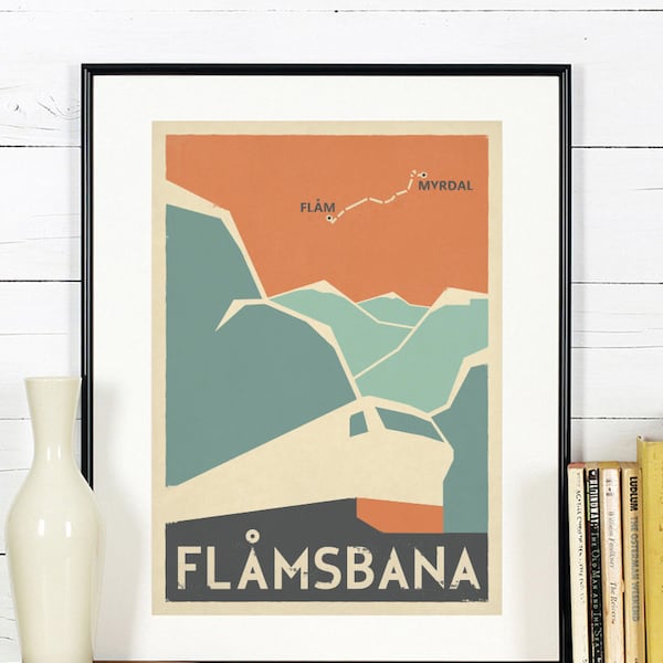 Retro travel poster, Norway, Flamsbana, Flam line, Myrdal, train, railroad, Scandinavia, Scandinavian landscape, Nordic mountains, art print