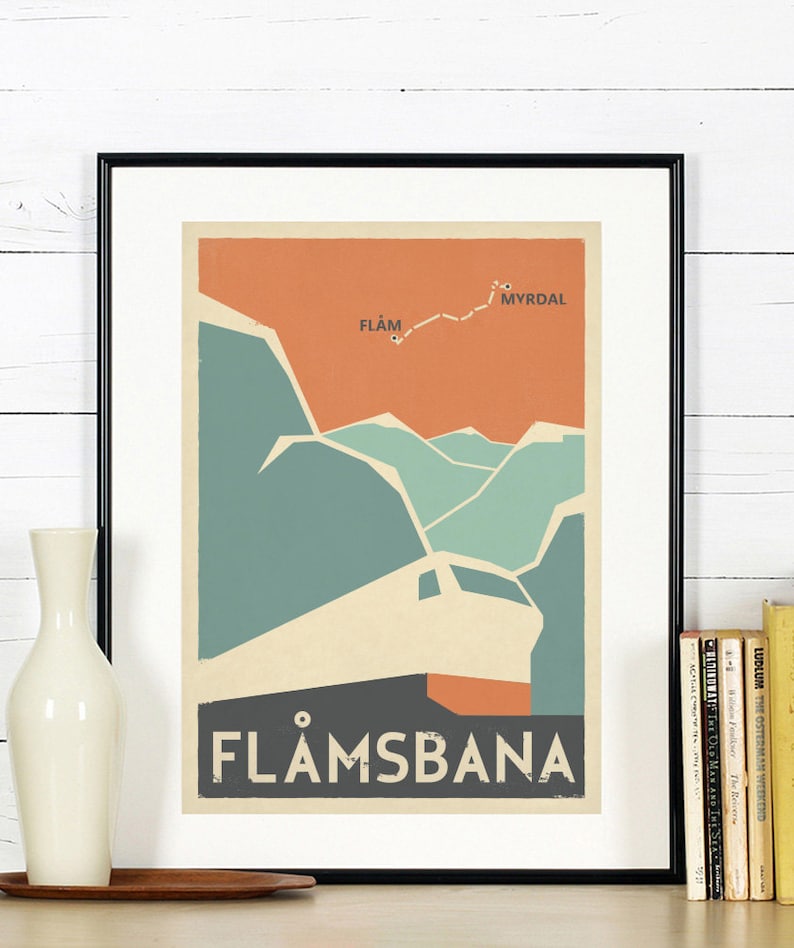 Retro travel poster, Norway, Flamsbana, Flam line, Myrdal, train, railroad, Scandinavia, Scandinavian landscape, Nordic mountains, art print image 1