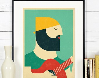 Retro poster, gitarist, gitarist, muziek-, muzikant, man, baard, minimalistische grunge print, Scandinavische kleuren, vintageart kunst print