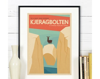 Retro reisposter, Noorwegen, Kjeragbolten, Kjerag kei, rots, Noorwegen, wandelen, Scandinavië, Scandinavisch landschap, Noords, bergen