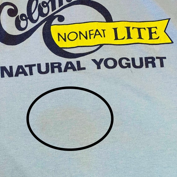 Vintage 80s Columbo Natural Yogurt Logo Blue T Shirt Gem