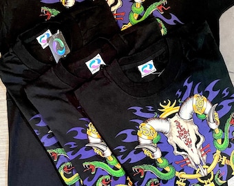 Vintage 90s Goat Devil Skull, Snakes & Knives (Baphomet) T Shirt by Ian Bohorquez for Liquid Blue, 1994 NOS/NWT