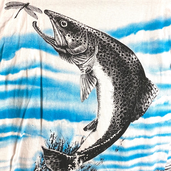 Vintage 90s Trout & Dragonfly All Over Print Fly Fishing T