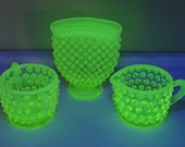Fenton Opalescent Hobnail Topaz Sugar Creamer and Fan Vase