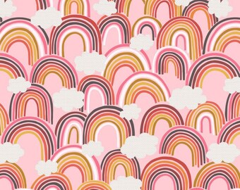 Rainbows Collection by Lewis and Irene Cute Pink Fabric with Pink, Yellow, Red, and Orange Rainbows Fabric by the Half Yard 35C 048