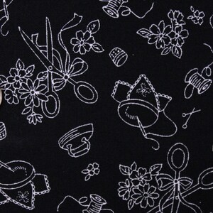 Bare Essentials by Back to Basics for RJR Fabrics Black Fabric with Sewing Themed Tools and Flowers Fabric by the Half Yard 40-2C 030