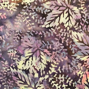 Purple and Brown Batik with Colorful Purple, Pink, Blue, and Green Leaves Batik by the Half Yard