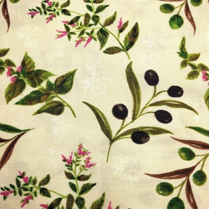 Rooster&#39;s Crow by Adriana for Newcastle Fabrics Cream Fabric with Olives, Plants, and Flowers Fabric by the Half Yard 14B 031