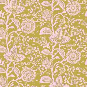 French Lace Parisville (Deja Vu) Collection by Tula Pink for Free Spirit Green Gold Fabric with Pink Flowers Fabric by the Half Yard 14C 057