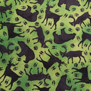 Moose Trail Lodge by Quilting Treasures Green Fabric with Moose, Deer, Bears, and Paw Prints Fabric by the Half Yard 09B 016