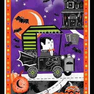 Glow in the Dark Halloween Fabric Panel: Dracula, Bats, Pumpkins
