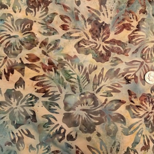 Blue, Green, Brown, Cream, and Gold Batik with Leaves Batik by the Half Yard