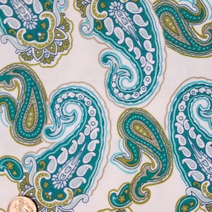 Floral Paisley Fabric: White, Green, and Blue Cotton - Half Yard