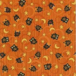 Scaredy Cats by Debbie Mumm for Wilmington Prints Orange and Black Halloween Fabric Moons, Stars, and Owls Fabric by the Half Yard 57C 032