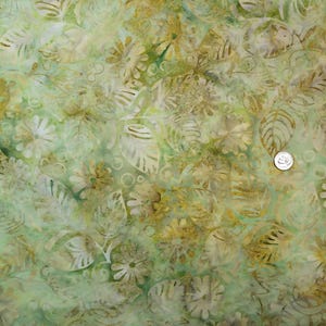 Light green with olive green and cream with leaf pattern Batik Fabric by the Half Yard