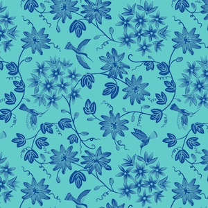 Hibiscus Hummingbird by Lewis & Irene Turquoise and Dark Blue Floral Fabric Birds and Flowers Fabric 18&quot; x WOF