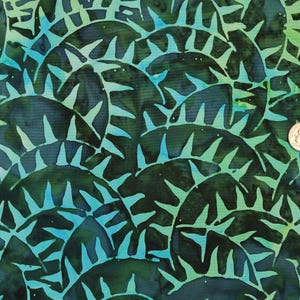 Dark Green Batik with Blue, Green, and White Vines and Leaves Batik by the Half Yard