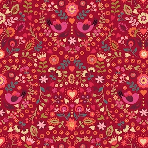 Little Matryoshka by Lewis & Irene Maroon Floral Fabric with Pink Birds Fabric by the Half Yard 57C 091