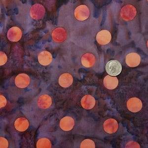 Purple watercolor with pink / orange large dots Mirah Batik Fabric by the Half Yard