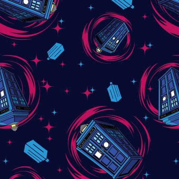 Phone Booth by BBC for Springs Creative Fabric by the Half Yard Navy Blue, Violet, and Red Tardis Phone Booth Doctor Who Fabric 38A 016