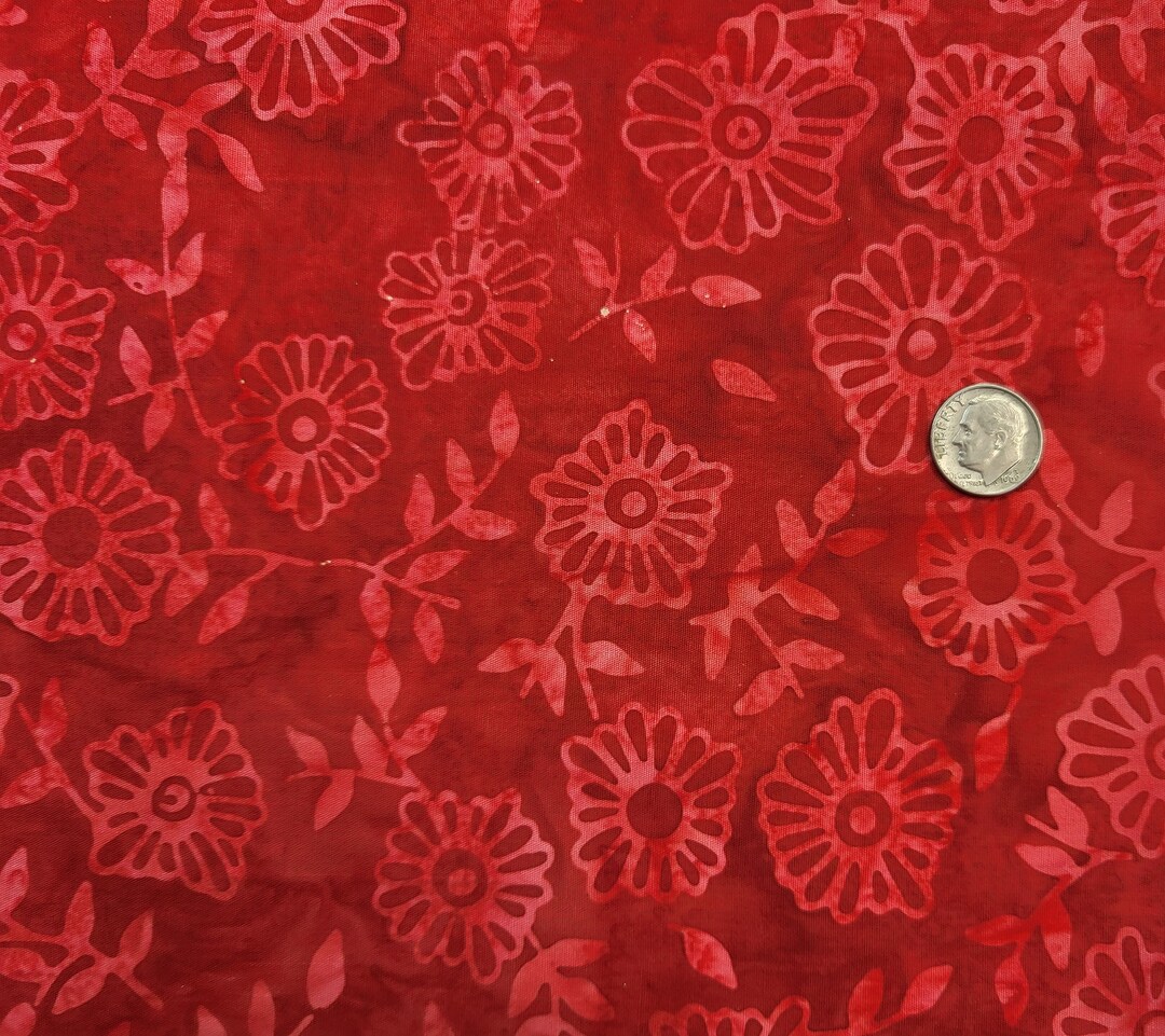 Deep Red Background With Light Red Flowers by Java Batik Fabric by the