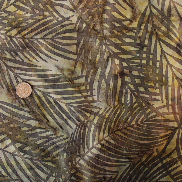 Beige, Light Yellow, Moss Green, Russet Brown, Dark Brown Palm Leaves Batik by the Half Yard