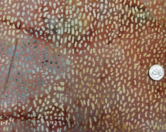 Rusty Light Brown, Dark Tawny, and Mossy Green, Light Yellow and Dark Green Spots Mirah Batik Fabric by the Half Yard