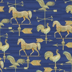 Patriotic Summer by Beth Albert for 3 Wishes Fabric Navy Blue Farm Fabric with Horse & Rooster Weathervanes Fabric by the Half Yard 576 095