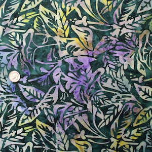 Dark Green Batik with Blue, Purple, Yellow, and Green Flowers and Leaves Batik by the Half Yard