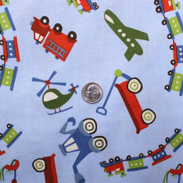 Red Wagons, Trains, Helicopters, Planes, Tractors, and Scooters on Light Blue  Scoot by Riley Blake Fabric by the Half Yard 35B 020
