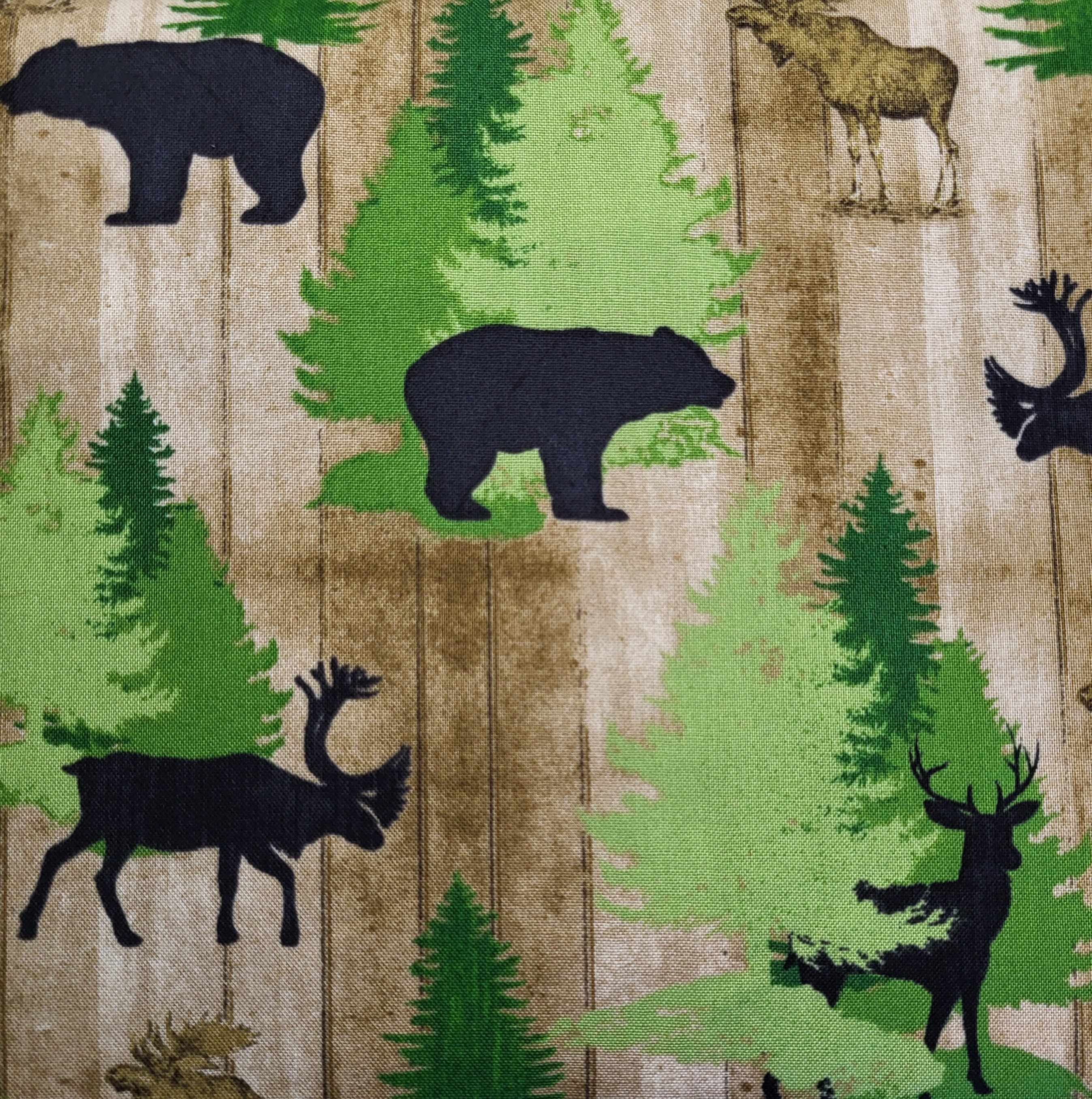 Moose Trail Lodge by Quilting Treasures Brown and Green Fabric with Trees, Moose, Deer, and Bears Fabric by the Half Yard 09B 013