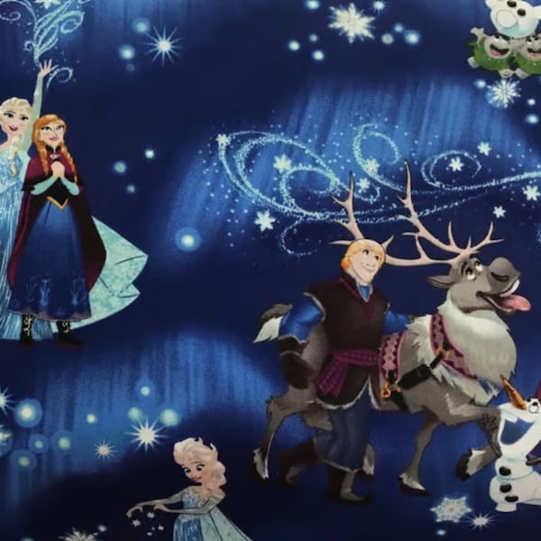 Snowflake Magic by Disney for Springs Creative Fabric by the Half Yard Elsa, Anna, Olaf, Kristoff, and Sven Indigo and Blue Fabric 38B 009