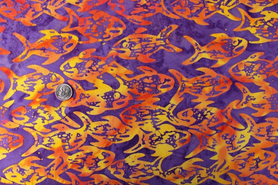 Orange and Yellow Fish Pattern with Dark Purple Background Batik Fabric by  the Yard