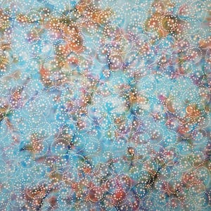 Aqua background with green, purple watercolor effect and white dots   Batik Fabric by the Half Yard
