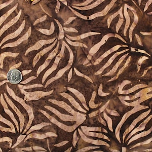 Dark Brown Batik with Light Brown Leaves Batik by the Half Yard
