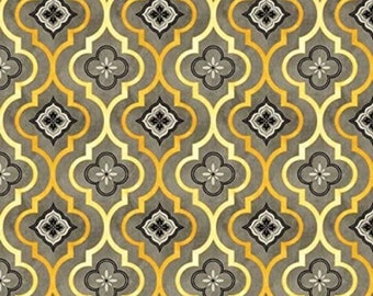Felicity by Cynthia Coulter for Wilmington Prints Gray, Yellow, Orange, Black, and White Quatrefoil Design Fabric by the Half Yard 14A 044