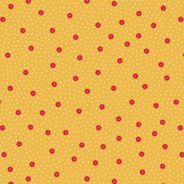 Little Matryoshka by Lewis & Irene Mustard Yellow Fabric Polka Dots and Red Flowers Fabric by the Half Yard 57C 088