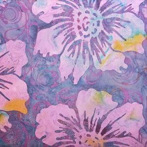 Blue Watercolor Batik with Big Purple, Green, and Blue Flowers Batik by the Half Yard
