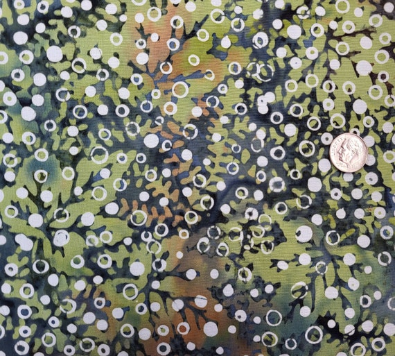 Blue gray and green background with white dots and circles Batik Fabric by  the Yard