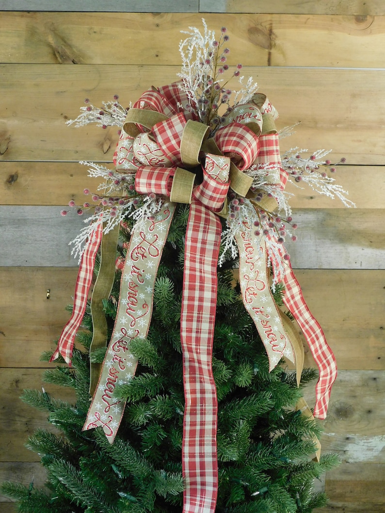 Rustic Farmhouse Christmas Tree Topper/ Plaid and Burlap | Etsy